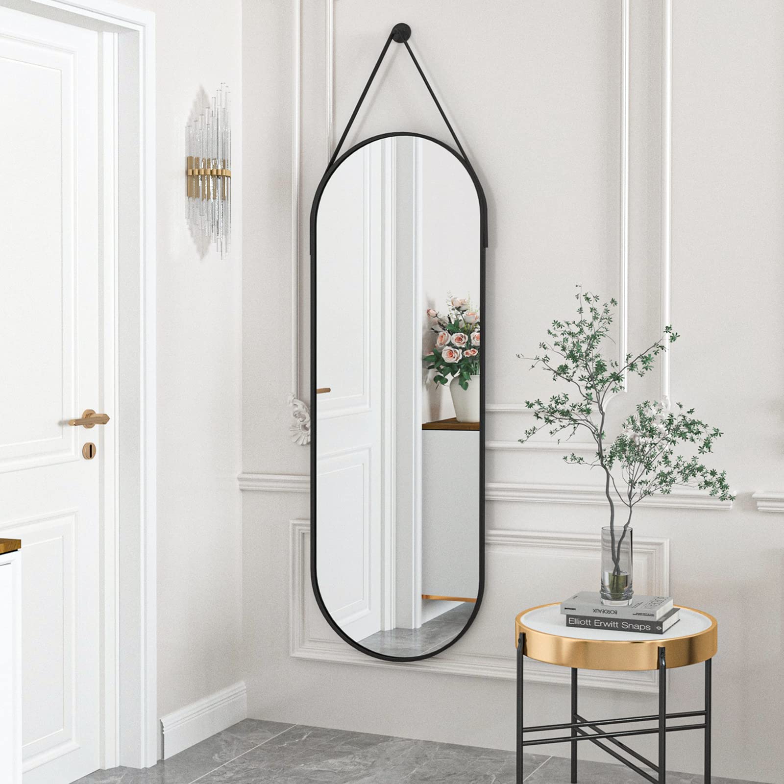 16"x48" Oval Hanging Mirror with Leather Strap Full Length Mirror Aluminum Frame Wall-Mounted Hanging Mirrors for Bathroom Vanity Living Room Bedroom Entryway Decor
