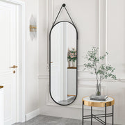 16"x48" Oval Hanging Mirror with Leather Strap Full Length Mirror Aluminum Frame Wall-Mounted Hanging Mirrors for Bathroom Vanity Living Room Bedroom Entryway Decor