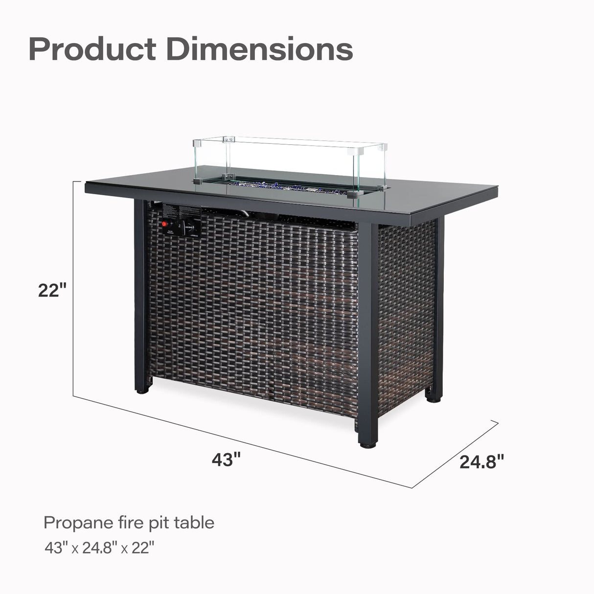 Fire Pit Table - 43 Inch Outdoor Rattan Propane Gas Fire Pit with Glass Wind Guard