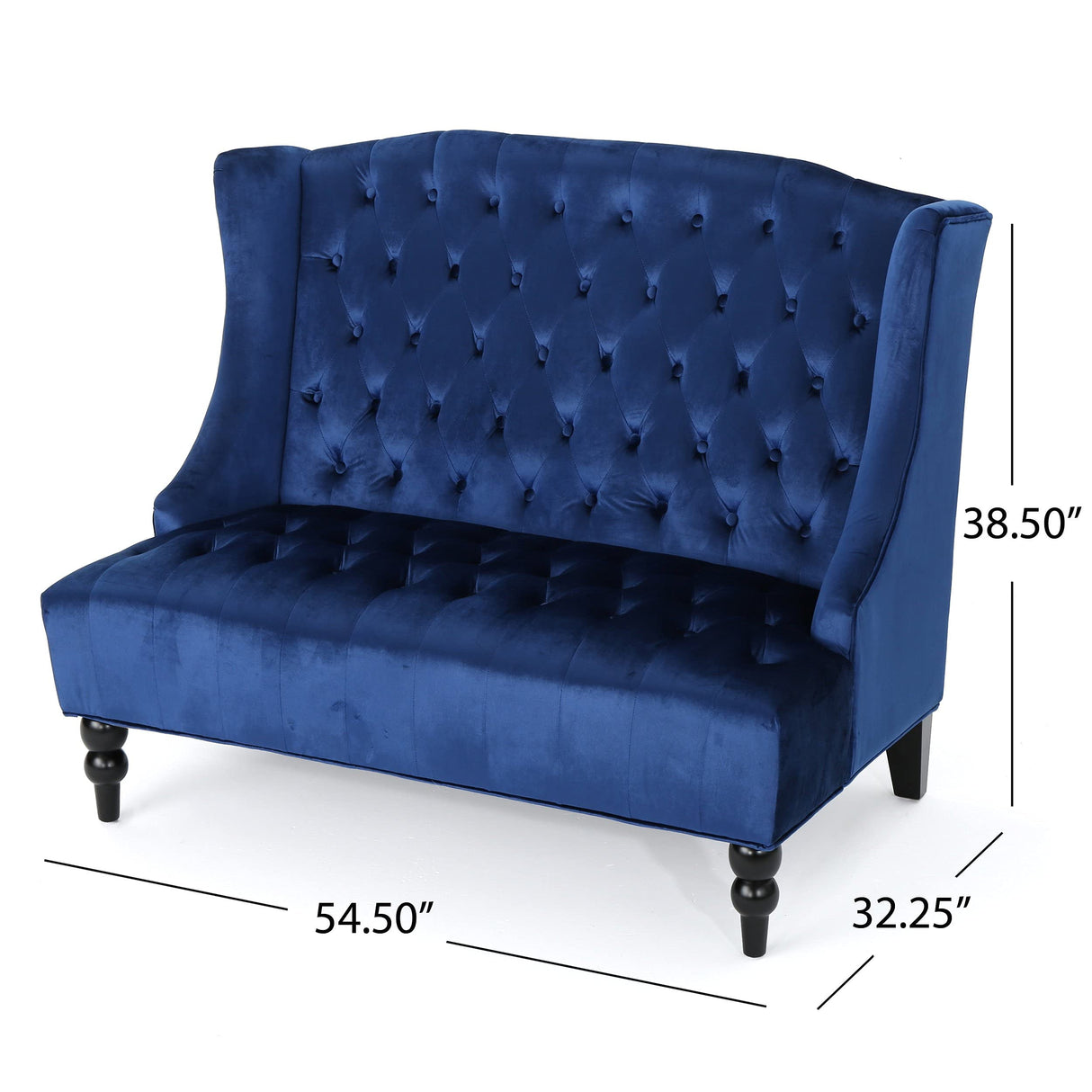 Leora Traditional Tufted Velvet Wingback Loveseat, Navy Blue / Dark Brown