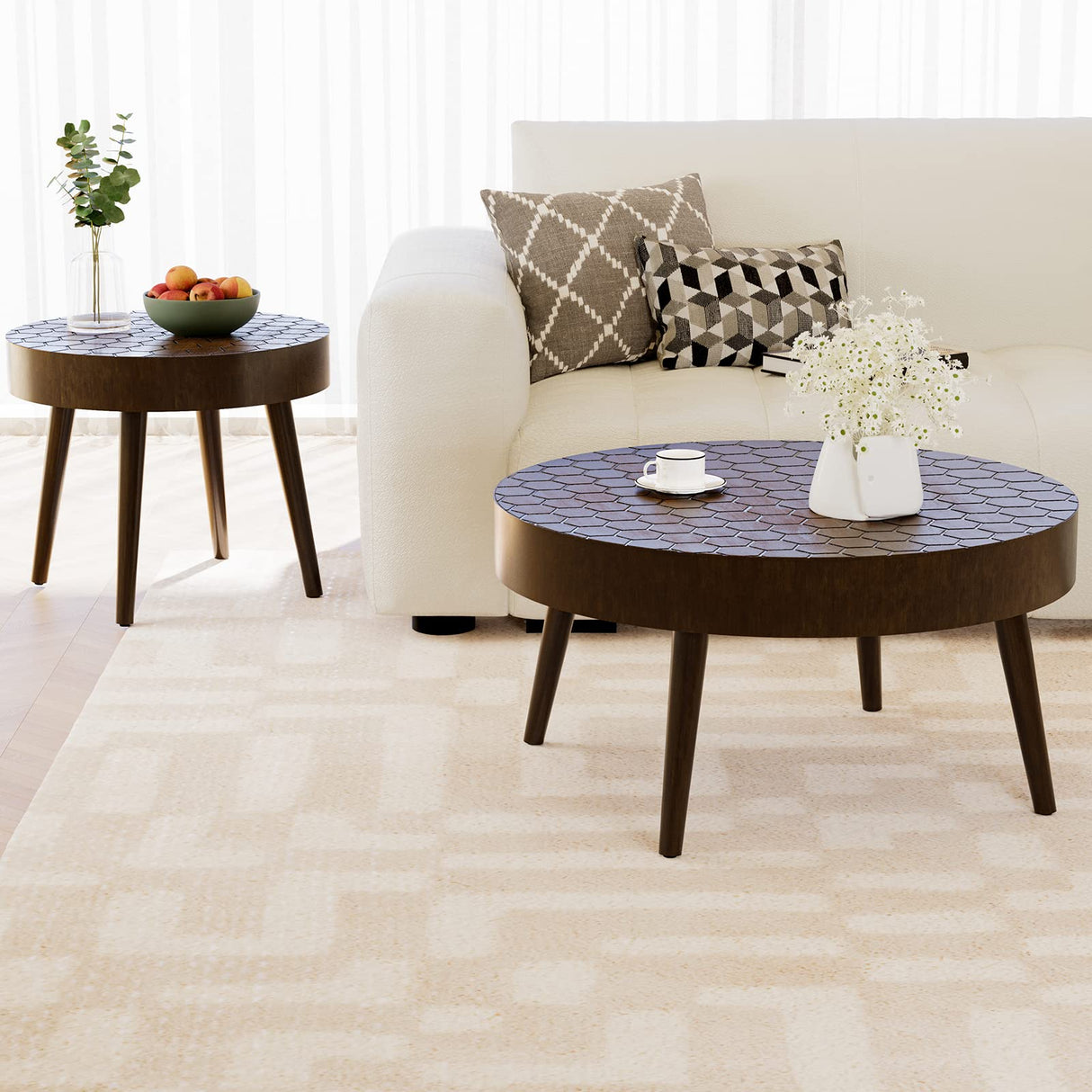 Round Coffee Table Set w Honeycomb Pattern Tabletop