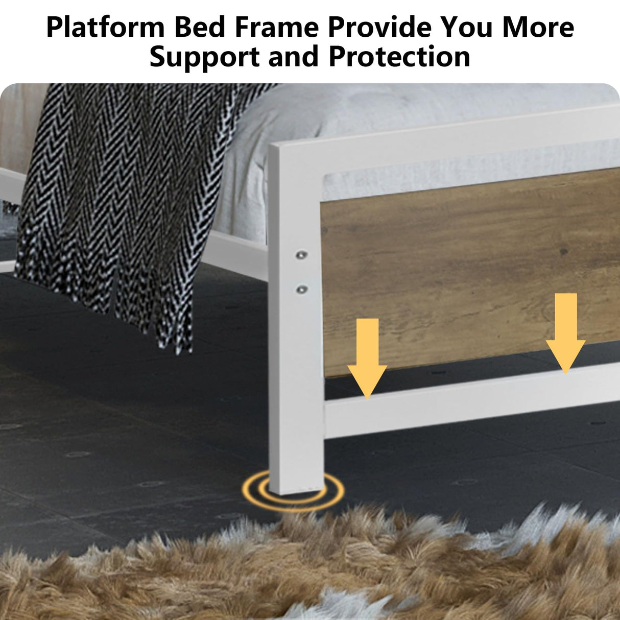 Queen Platform Bed Frame with Wooden Headboard and Footboard, Metal Bed Frame