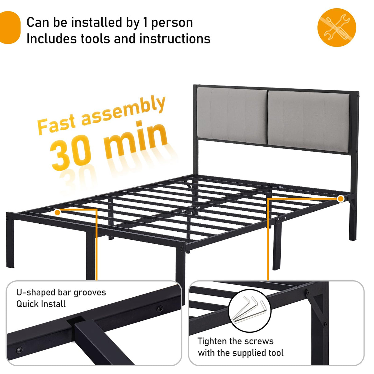 Upholstered Bed Frame Queen Size with Headboard(Deluxe PU Leather