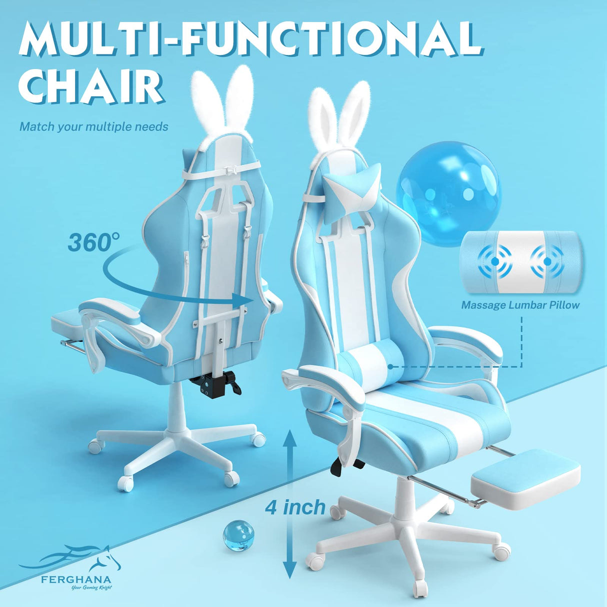 Light Blue Gaming Chair with Bunny Ear, Cute Massage Gaming Chairs for Adults & Teens