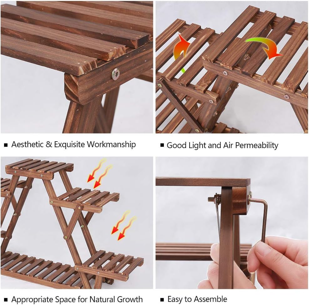 TriStand 3-Tier Wooden Plant Stand – Carbonized Pine Wood Display Shelf