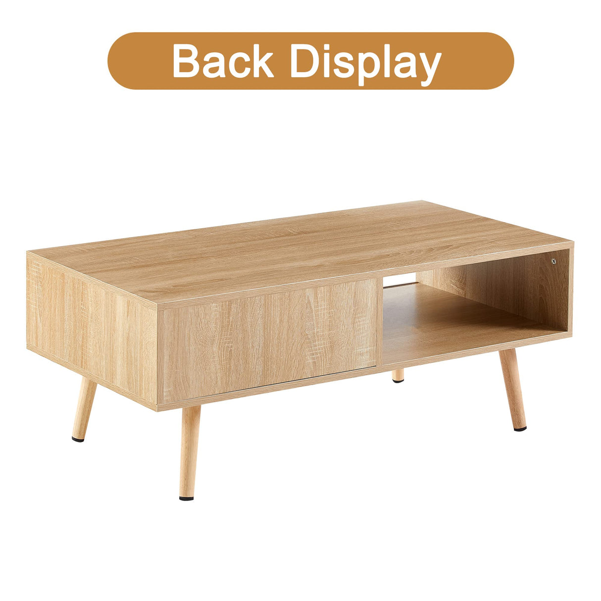 Mid Century Modern Coffee Table with Storage, 41.3 Inch Rectangle Wooden Accent Center Sofa Table with Sliding PE Rattan Woven Door Panel