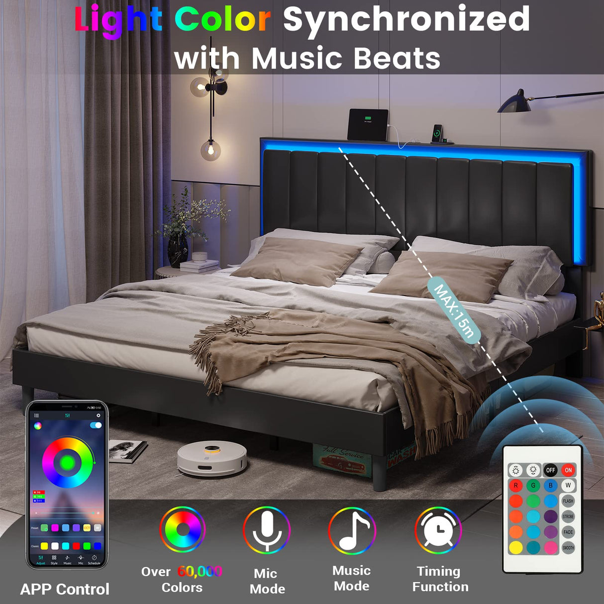 LED Lights Bed Frame – Platform Bed with Adjustable Headboard & USB Ports