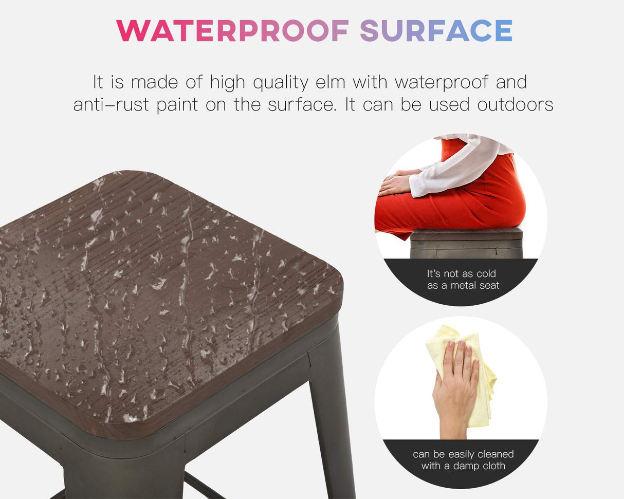 24 Inches Metal Bar Stools Set of 4 Counter Height Wood Seat Barstool Patio Stool