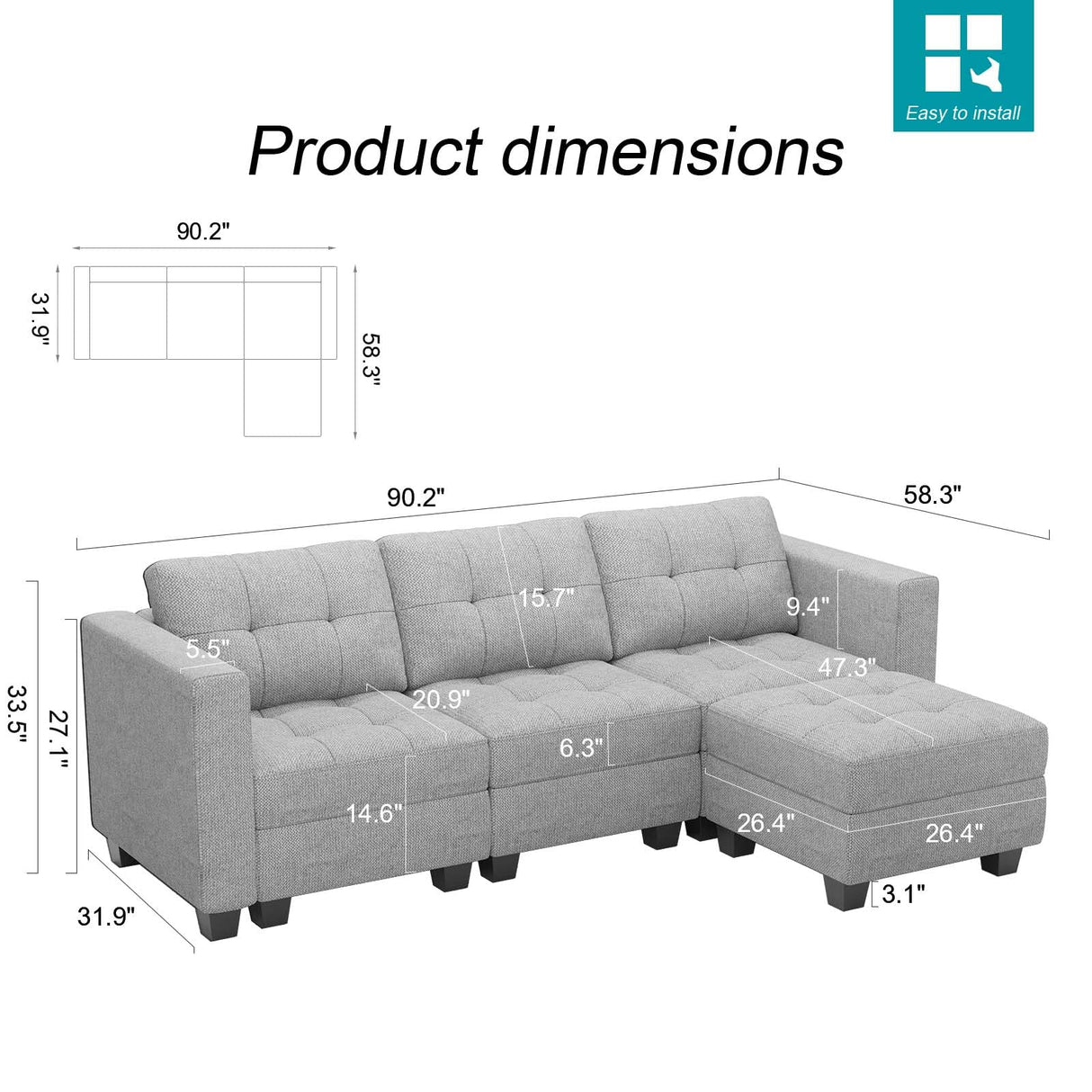 Sofa Couch with Storage Seats Convertible Sectional Couch