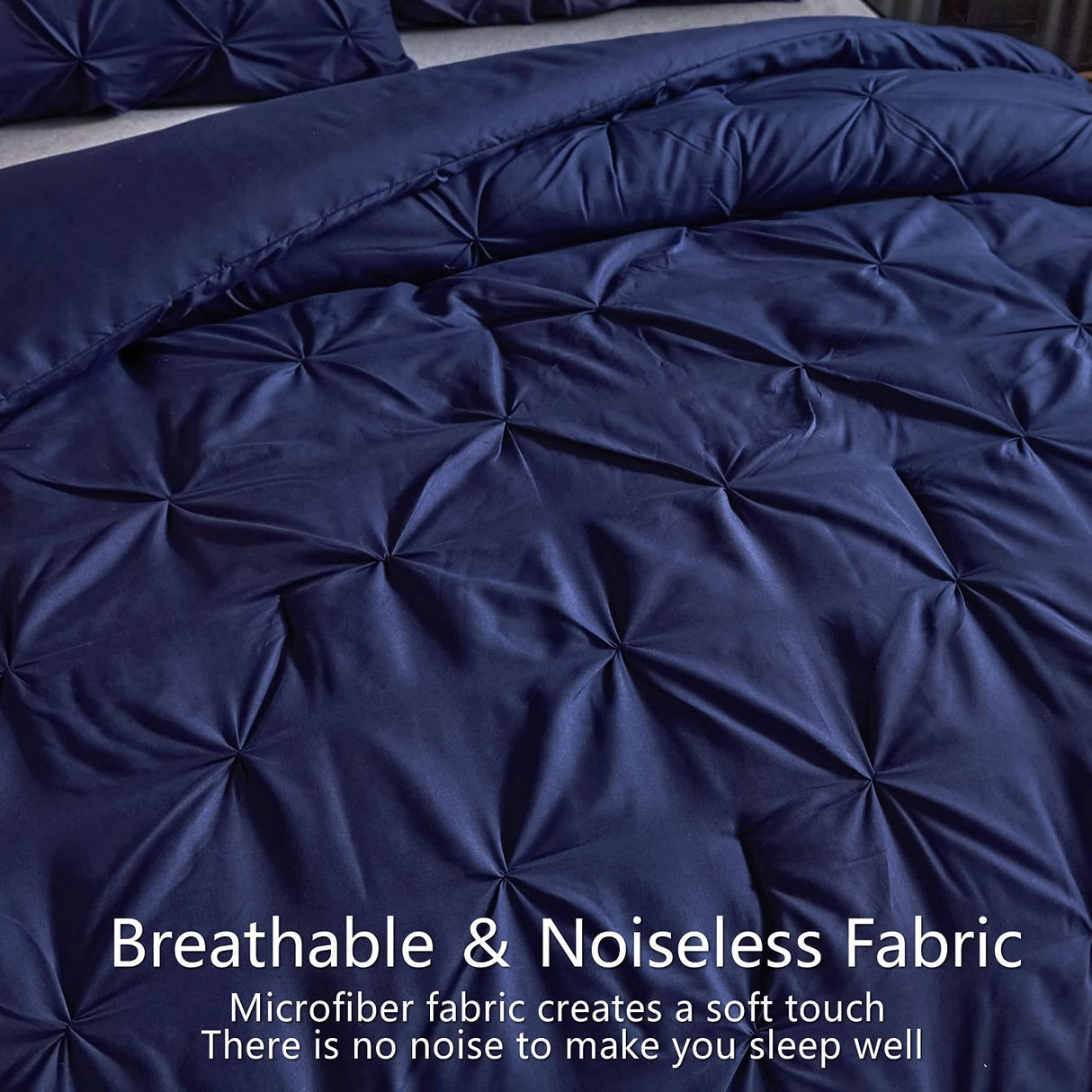 Pinch Pleated Navy Comforter Set Queen Size Bed, 3 Piece Pintuck Bedding Sets