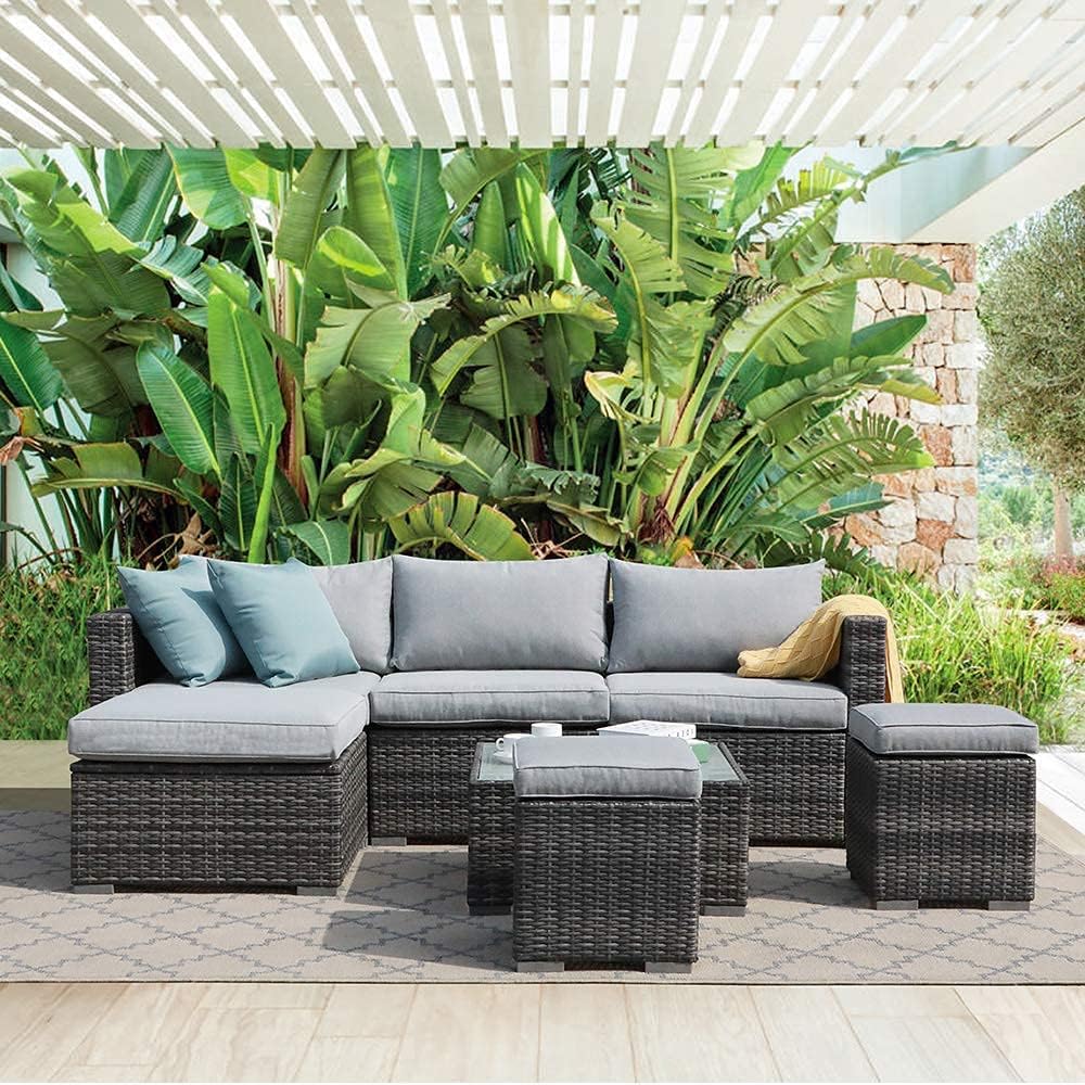 2 Pieces Assembled Ottoman, Indoor All-Weather Grey Wicker Rattan