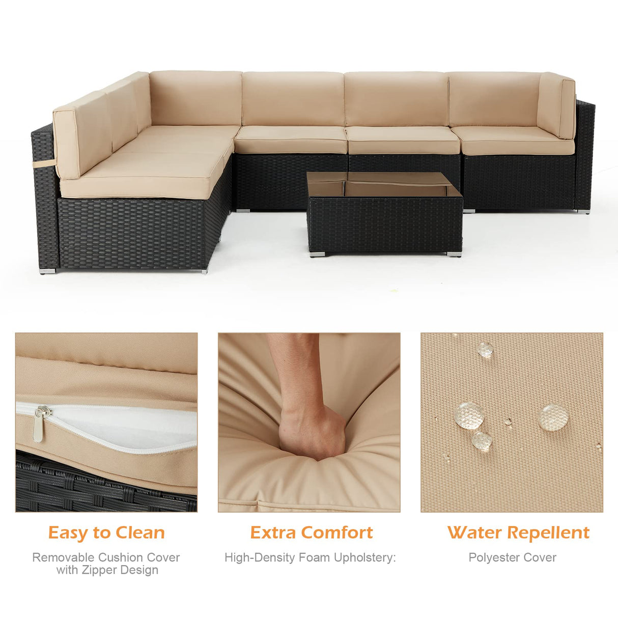 7 Piece Outdoor Patio Furniture Set, Black PE Rattan Wicker Sofa Set