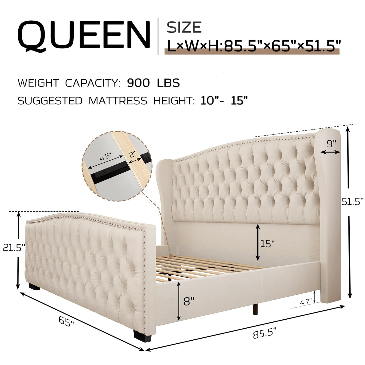 Queen Platform Bed Frame with Wingback Headboard, Velvet Upholstered Bed Frame