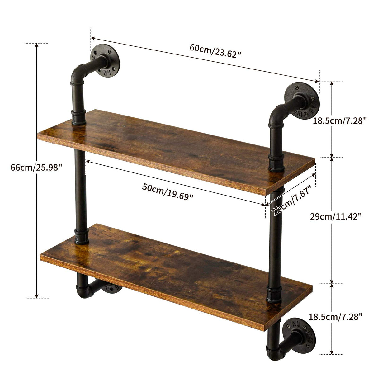 Industrial Pipe Shelf Bracket, 2 Tiers Retro Wall Mounted Floating Shelf, Wood DIY