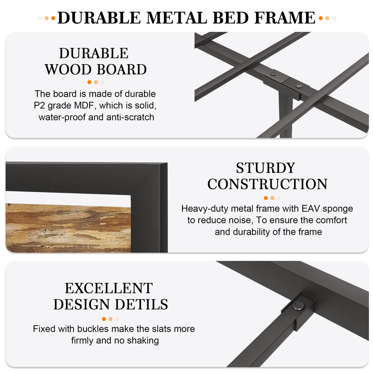 King Size Platform Bed Frame with Industrial Wood Headboard and 12 Strong Support Meta