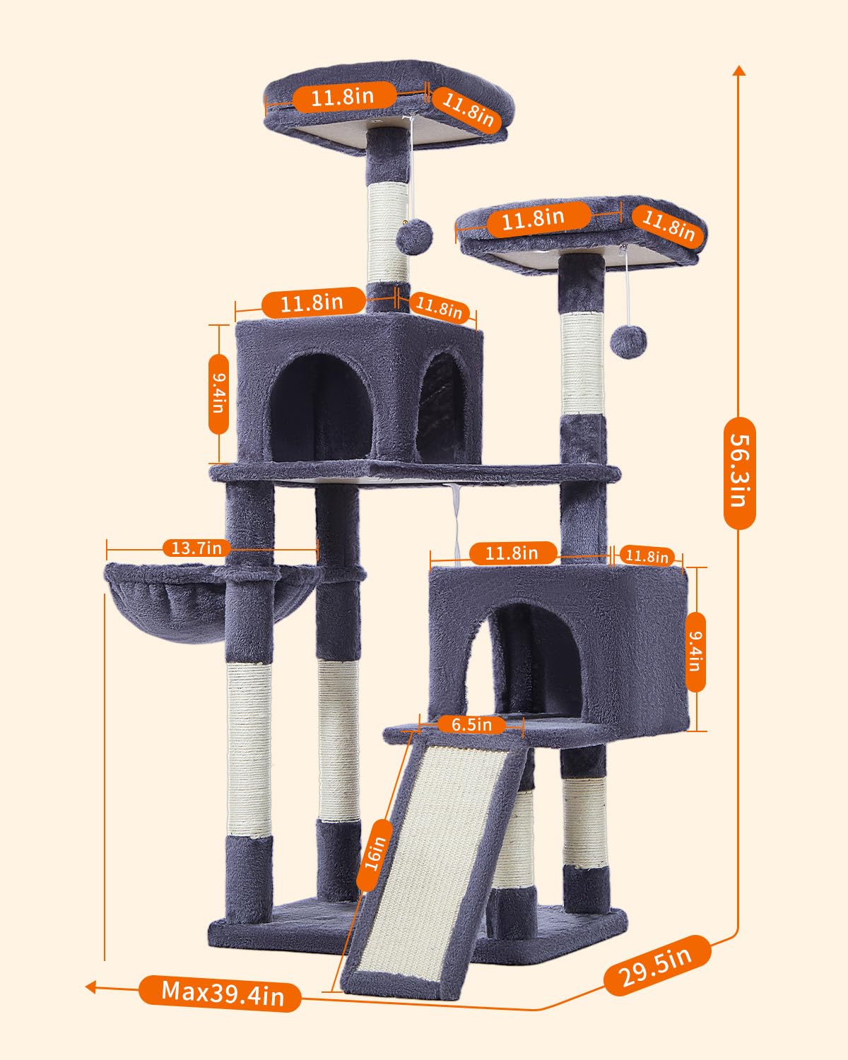 56.3-Inch Cat Tree, Cat Tower with Scratching Posts
