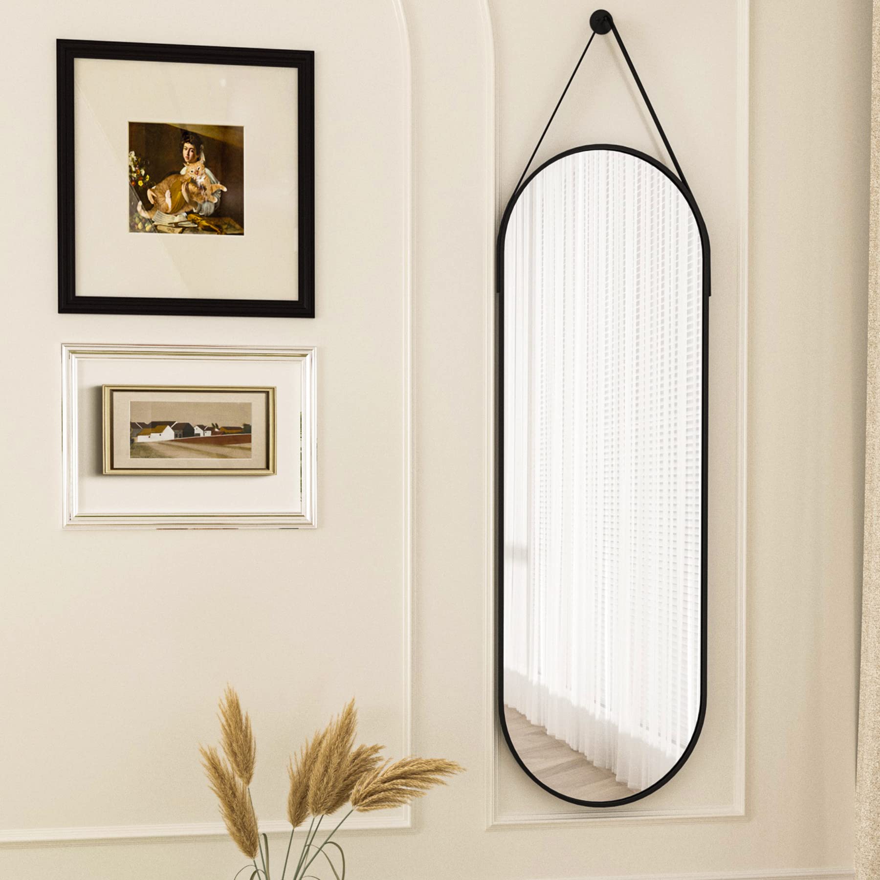 16"x48" Oval Hanging Mirror with Leather Strap Full Length Mirror Aluminum Frame Wall-Mounted Hanging Mirrors for Bathroom Vanity Living Room Bedroom Entryway Decor