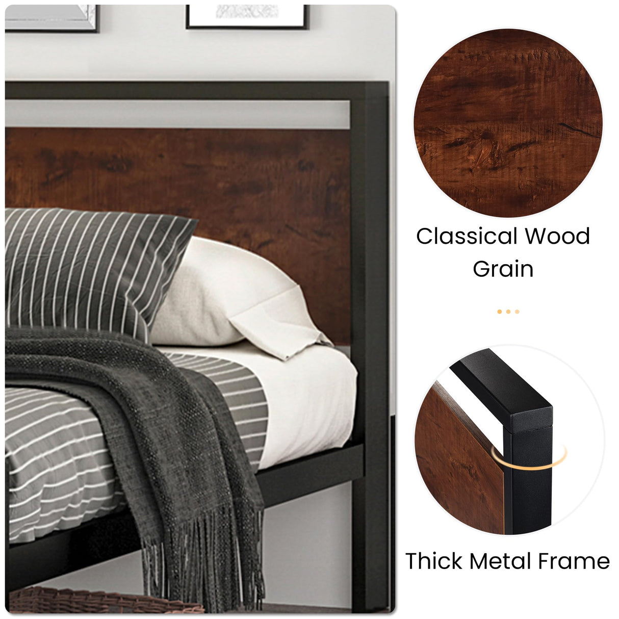 14 Inch Full Size Metal Platform Bed Frame with Wooden Headboard and Footboard