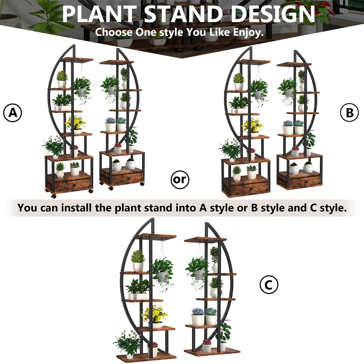 FRIZIONE 6-Tier Rustic Brown Metal Plant Stand – Multi-Layer Rolling Display Shelf