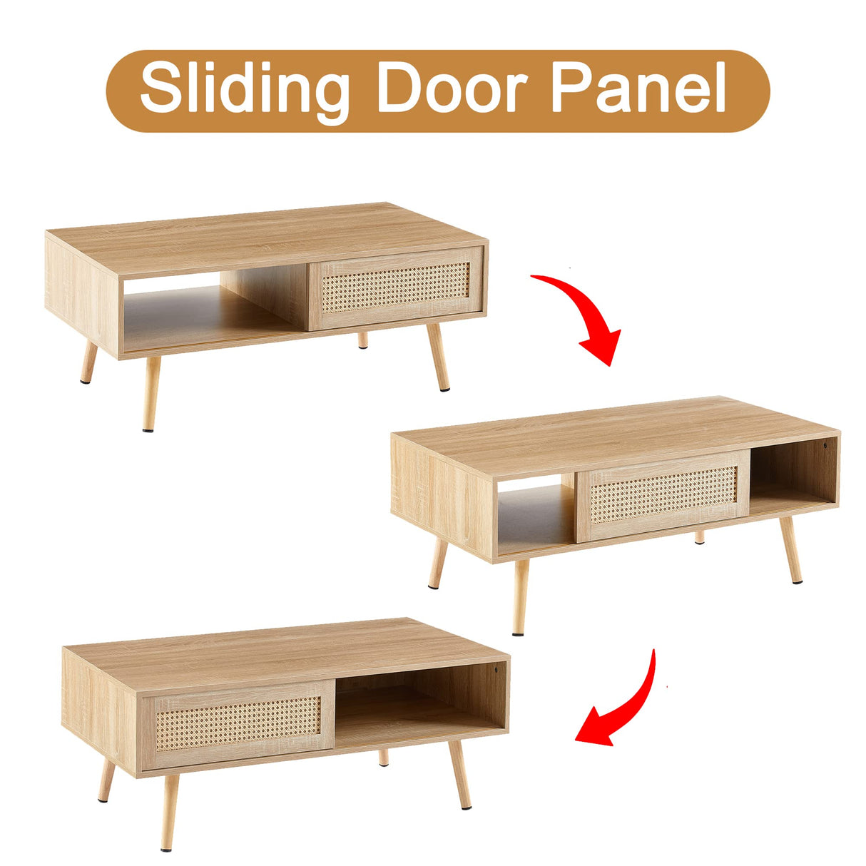 Mid Century Modern Coffee Table with Storage, 41.3 Inch Rectangle Wooden Accent Center Sofa Table with Sliding PE Rattan Woven Door Panel