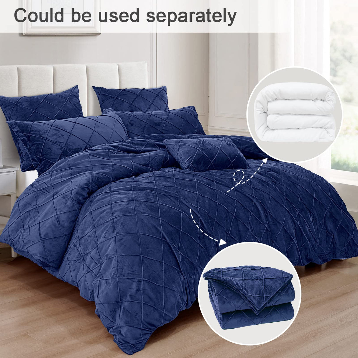 Pleated Velvet Comforter Set Queen, 5PCS Ultra Soft Warm Comforter Set for Fall