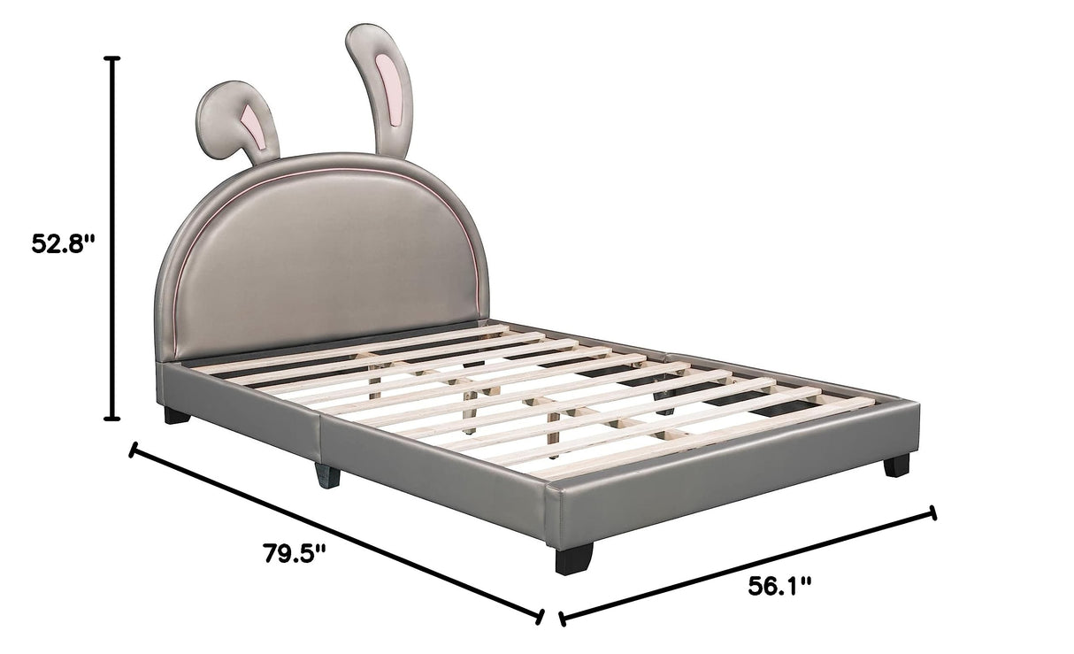 Full Size Upholstered Leather Platform Bed with Bunny Ears Headboard