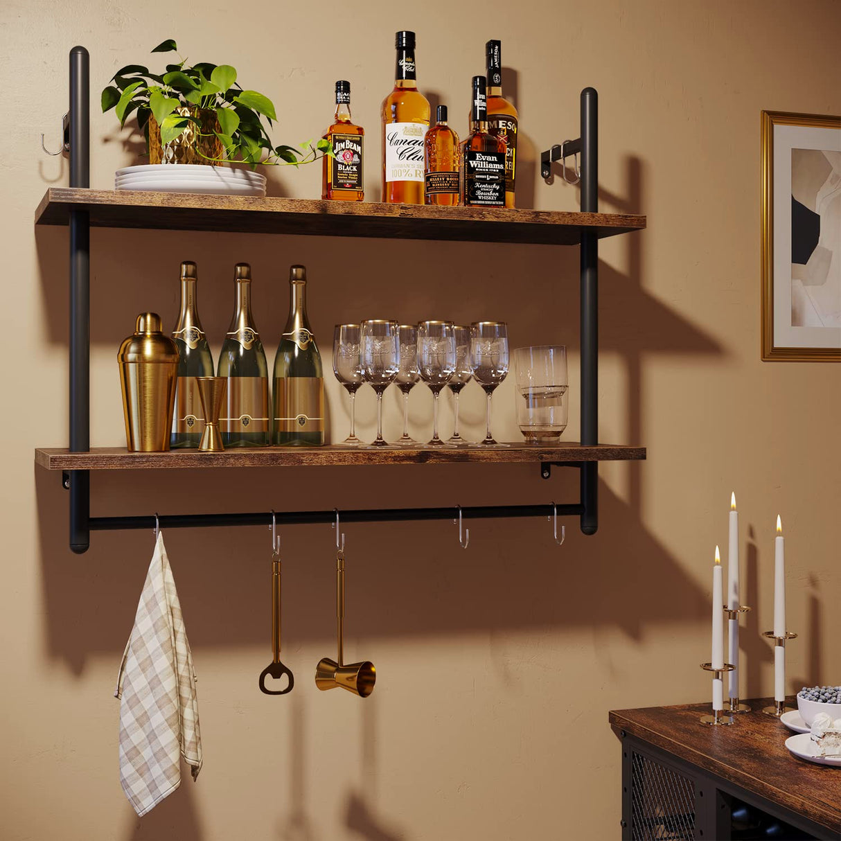 Pipe Shelf Industrial Floating Shelving Kitchen Wall-Mounted Shelf with Towel Bar Hooks