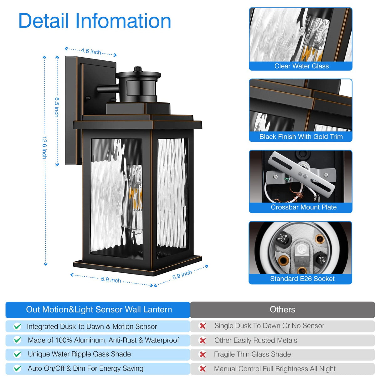 Motion Sensor Outdoor Lights Wall Mount, Dusk To Dawn Exterior Light Fixture