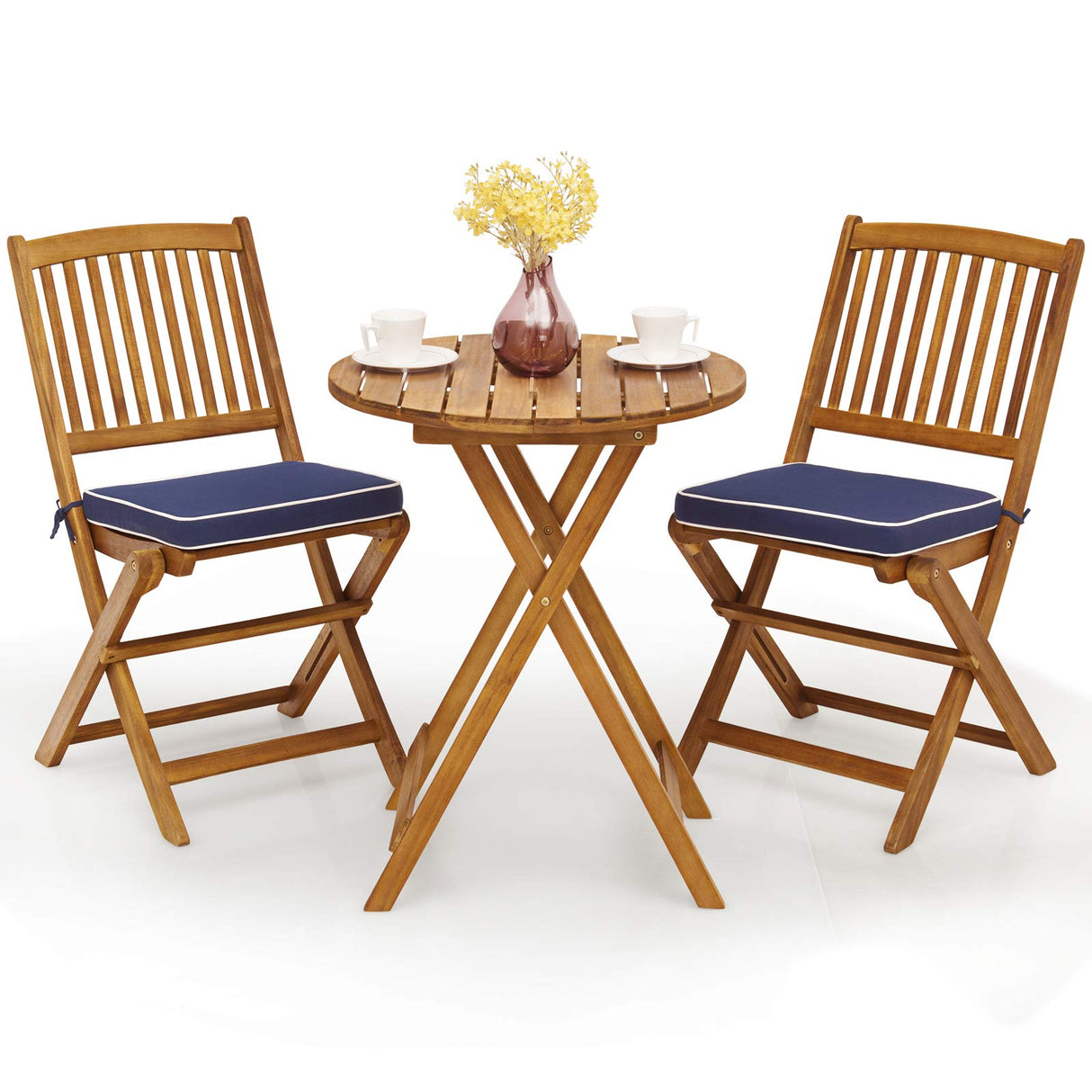 3Pcs Patio Bistro Set, Wood Folding Table Set, 2 Cushioned Chairs