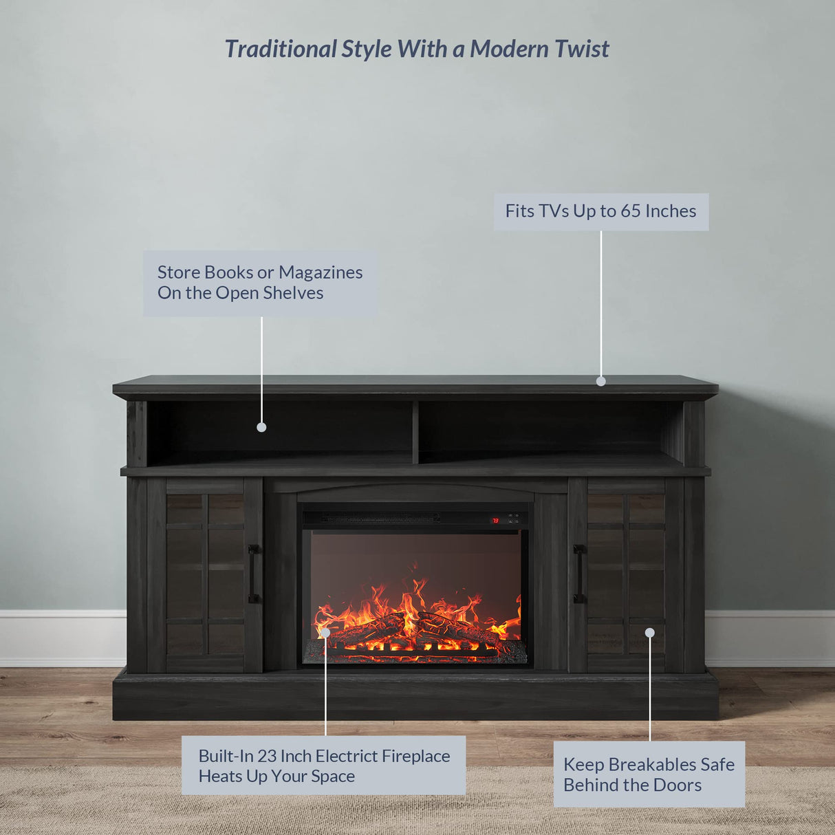 Traditional 58" Rustic TV Stand with 23" Electric Fireplace Heater