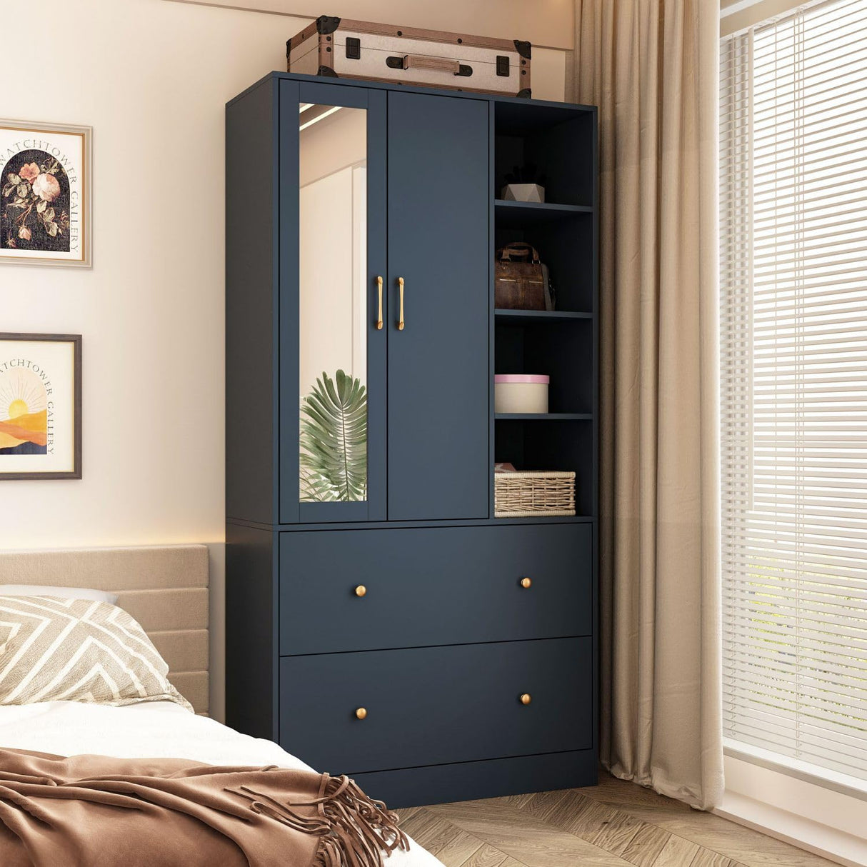 Modern Armoire Wardrobe with Mirror & Sliding Hanging Rod