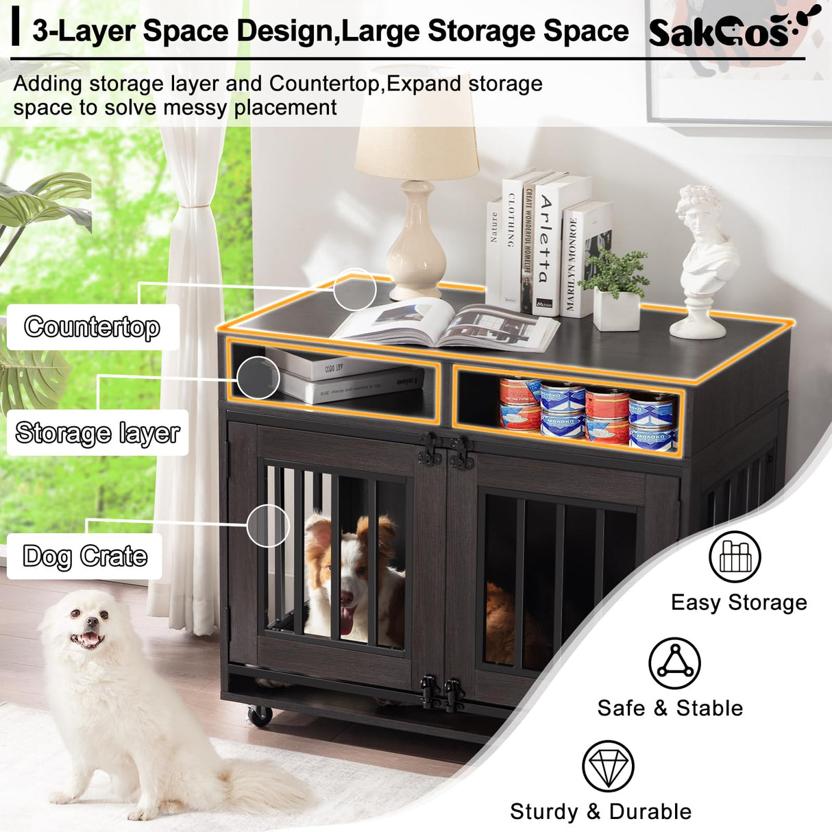 Dog Crate Furniture, Wooden Dog Crate Table, Decorative Dog Kennel with 2 Drawers