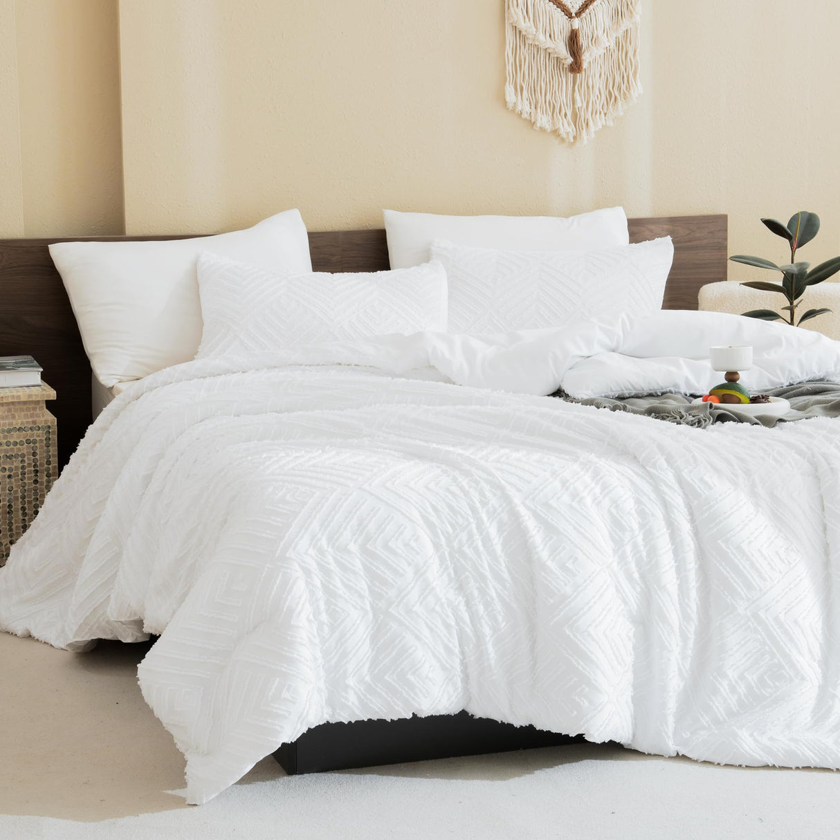 White Boho Queen Comforter Set, Lightweight Fluffy Bedding Comforter Sets for Queen Bed