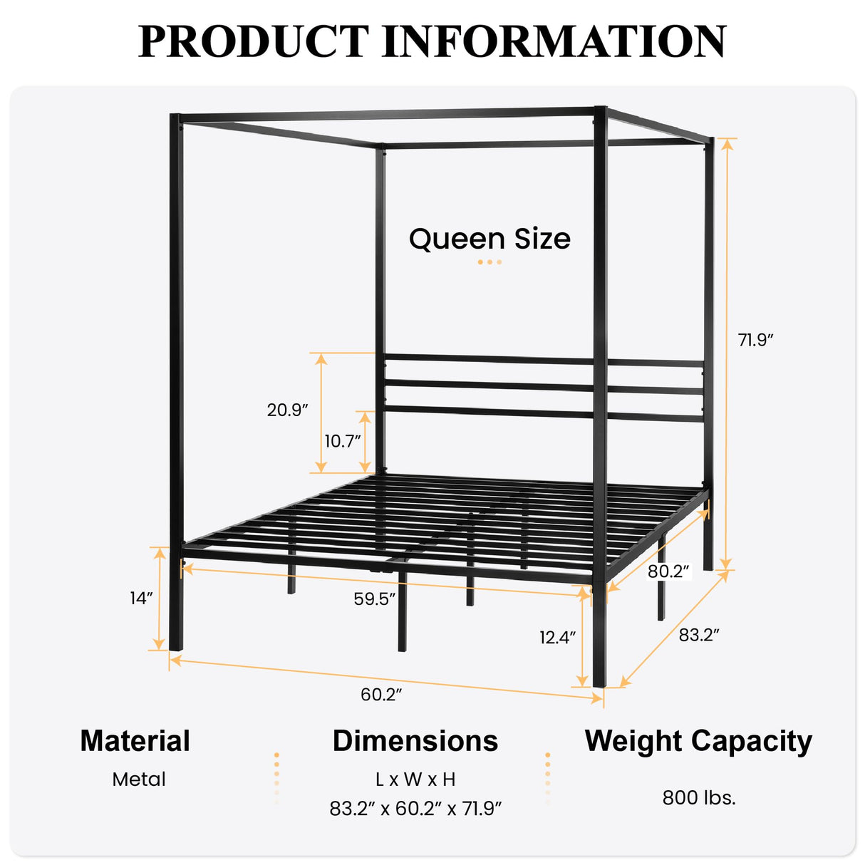 Metal Canopy Bed Frame Queen Size/Mattress Foundation with Metal Slats
