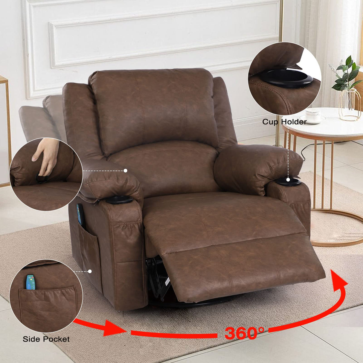 TheraComfort Heated Leather Recliner – Power Rocker with Massage & Swivel