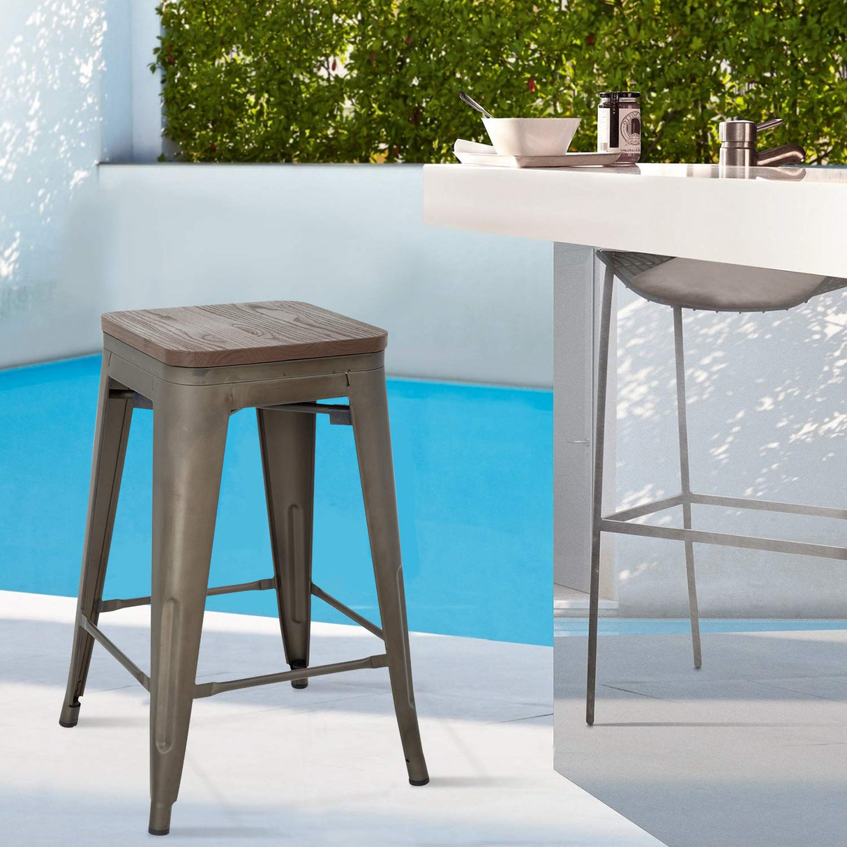 24 Inches Metal Bar Stools Set of 4 Counter Height Wood Seat Barstool Patio Stool