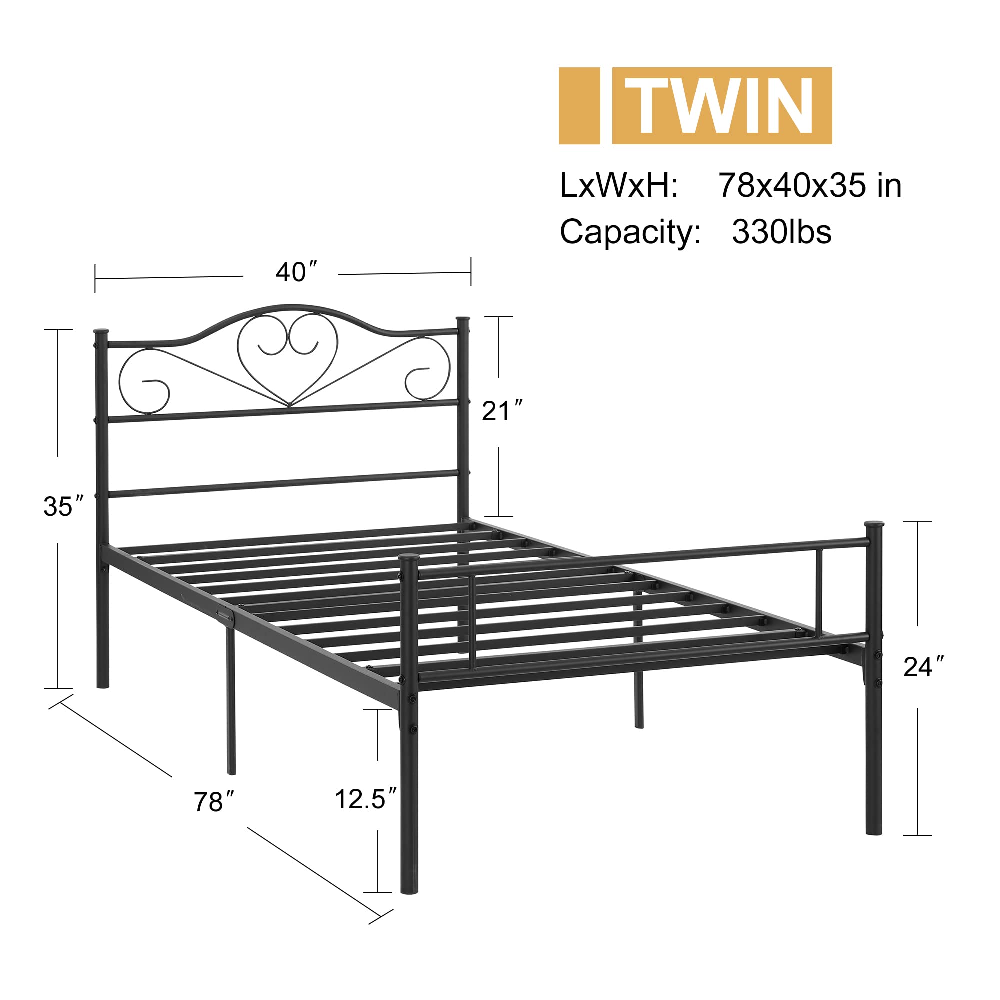 Metal Platform Bed Frame with Headboard & Footboard, Steel Slats Mattress Foundation