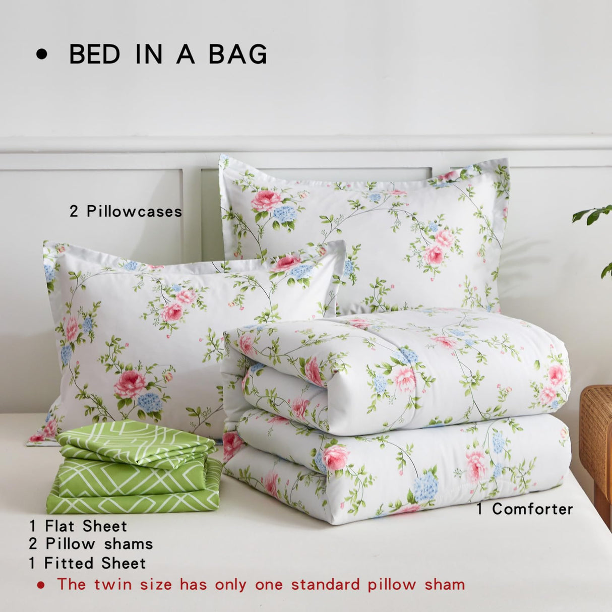 Bed in a Bag 7 Pieces - Floral Print - Soft Microfiber, Reversible Bed Comforter Set