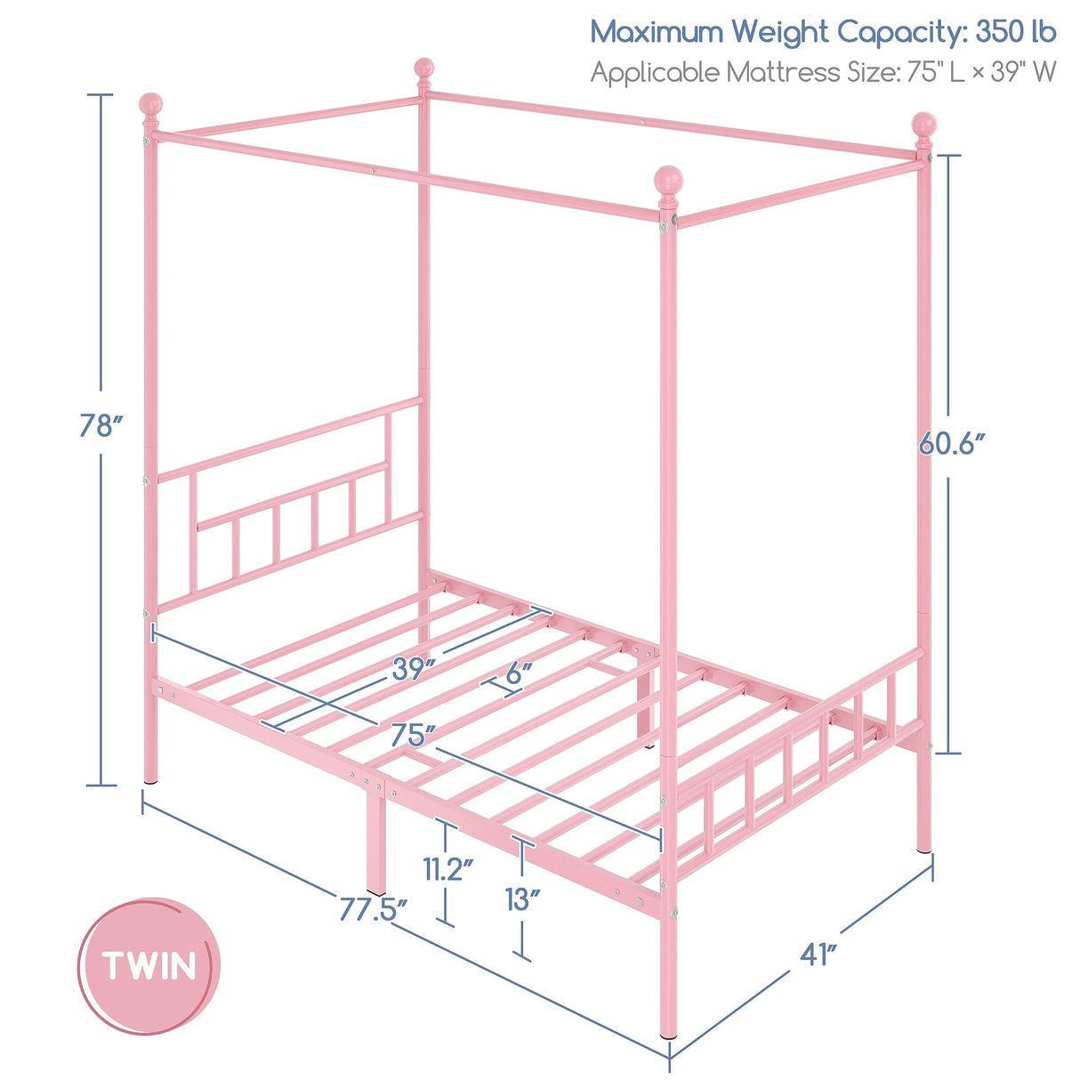 Twin Metal Canopy Bed Frame, Pink, 77.5" L x 41" W x 78" H, 350 lb Weight Capacity