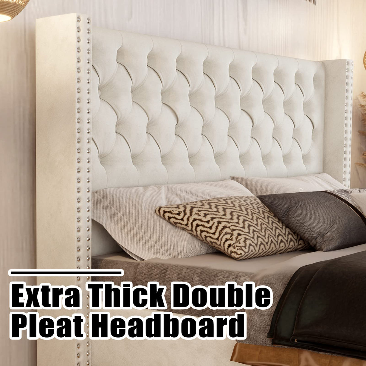 King Bed Frame Velvet Upholstered Bed with Deep Button Tufted/No Box Spring Needed