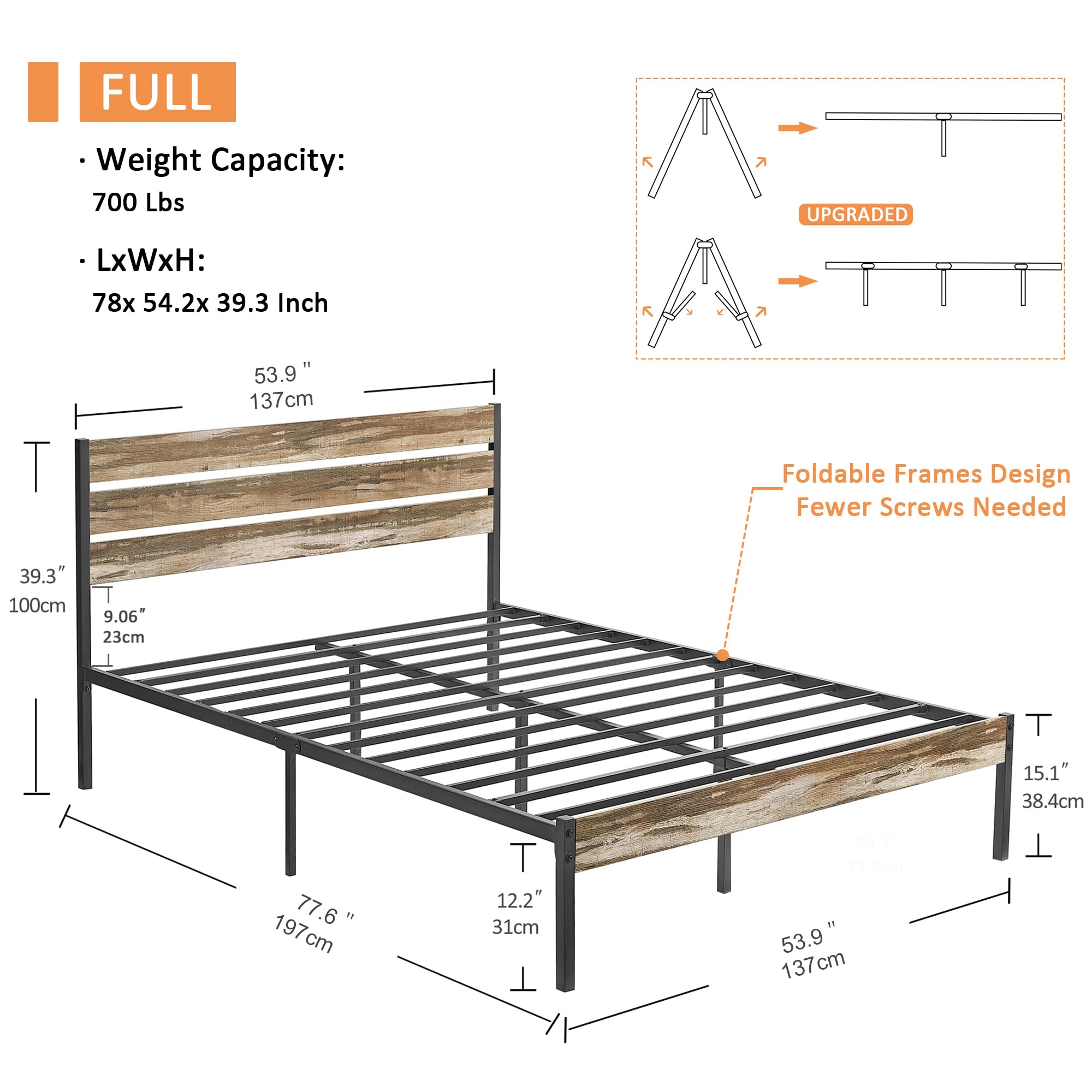 Platform Full Bed Frame with Rustic Vintage Wood Headboard and Footboard