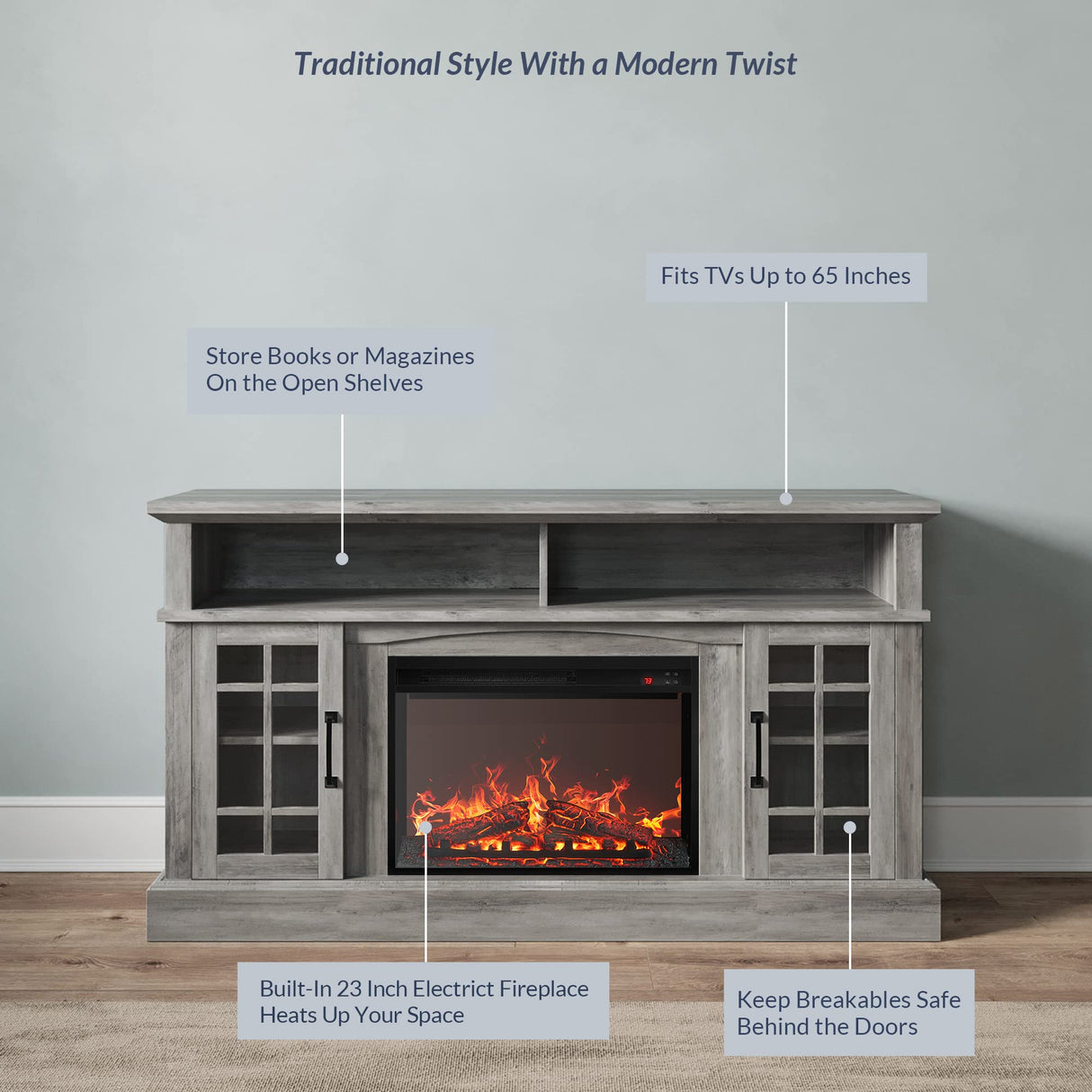 Traditional 58" Rustic TV Stand with 23" Electric Fireplace Heater