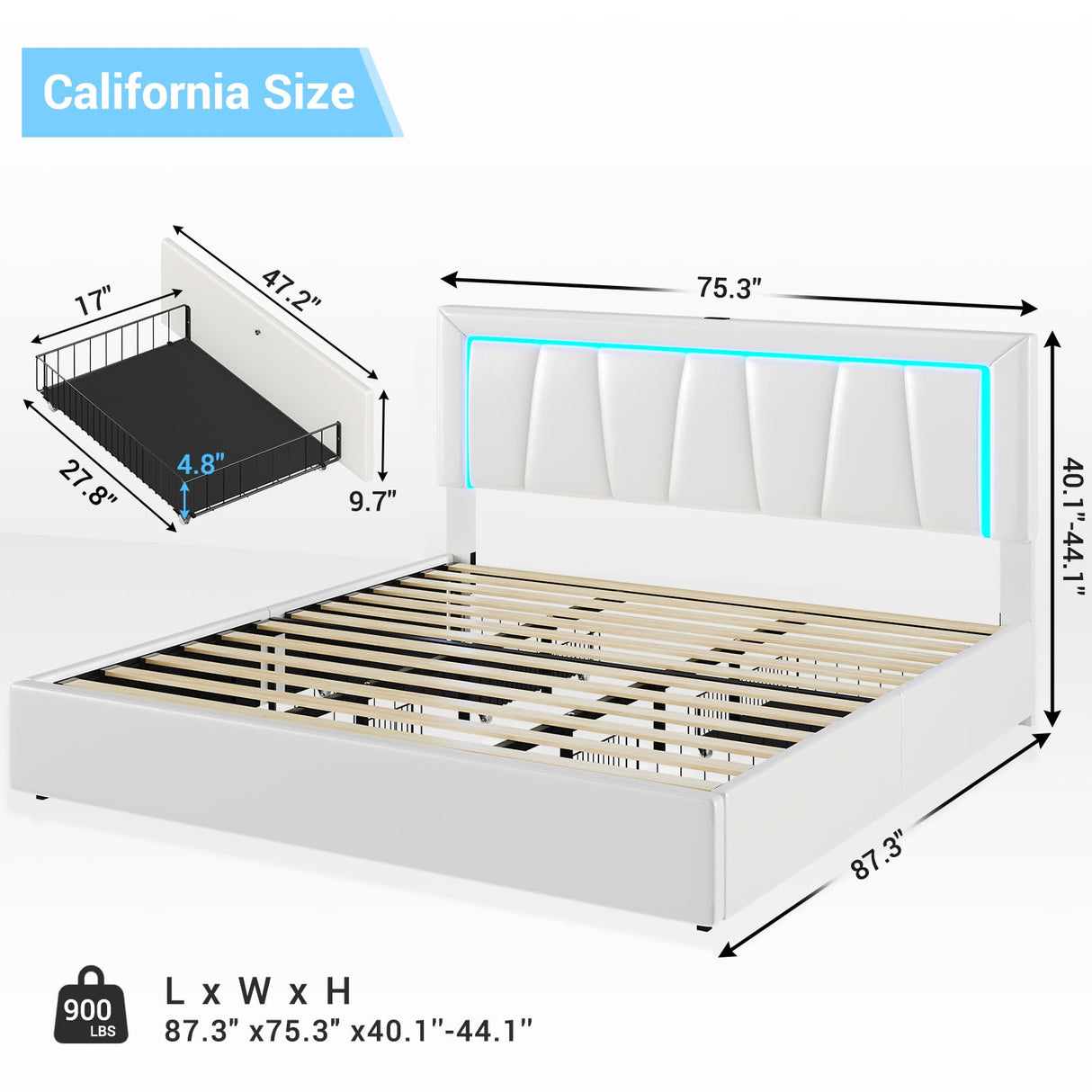 California King Bed Frame with 4 Drawers, USB Ports and Led Lights Faux Leather
