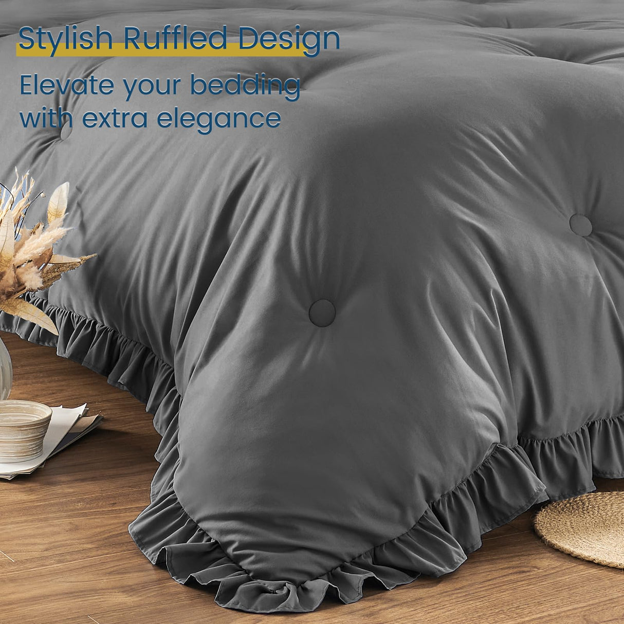 Queen Bed in a Bag 7 Pieces Comforter Set Queen, Ruffle Bedding Comforter Set Dark