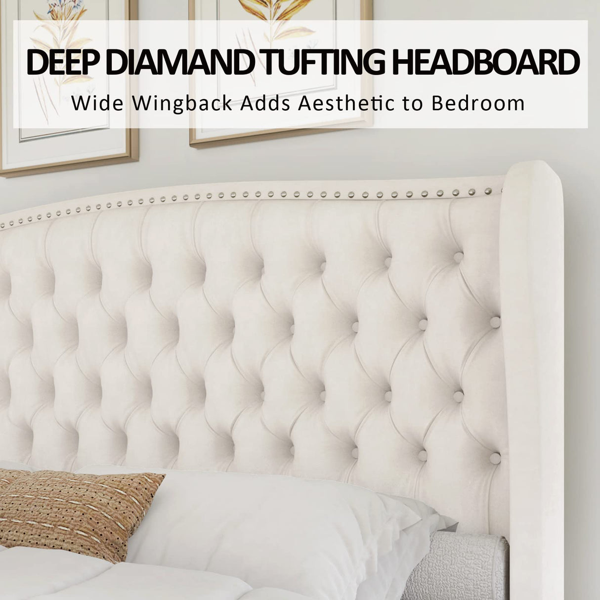 Luxury Velvet Upholstered Platform Bed, Tufted Wingback Headboard