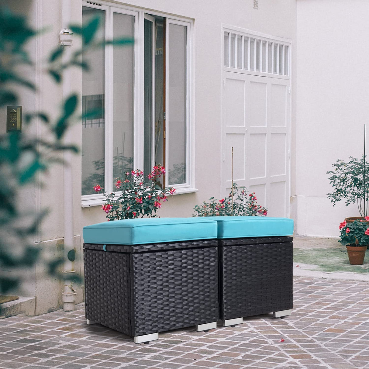 Outdoor Ottoman Patio Foot Rest 2 Pieces PE Rattan Foot Stool with Storage