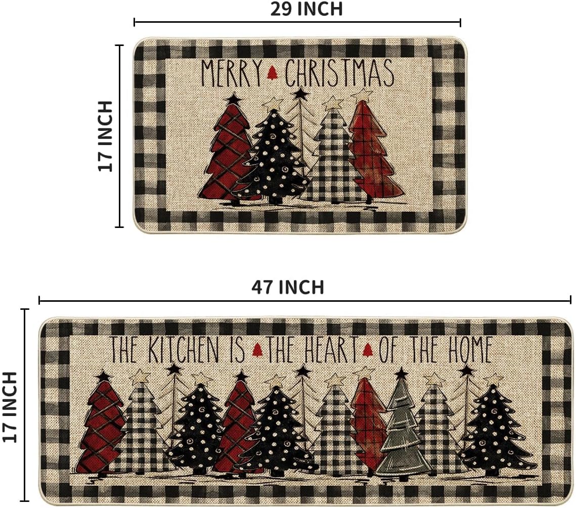 Buffalo Plaid Xmas Tree Merry Christmas Kitchen Mats Set of 2