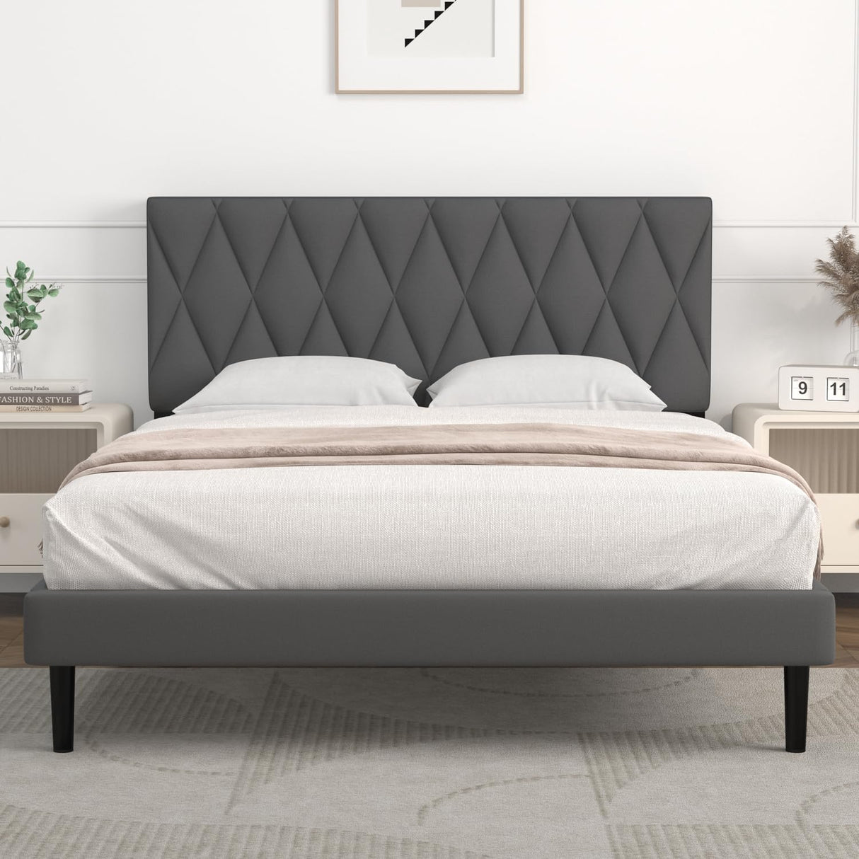 Queen Bed Frame Upholstered Platform with Headboard