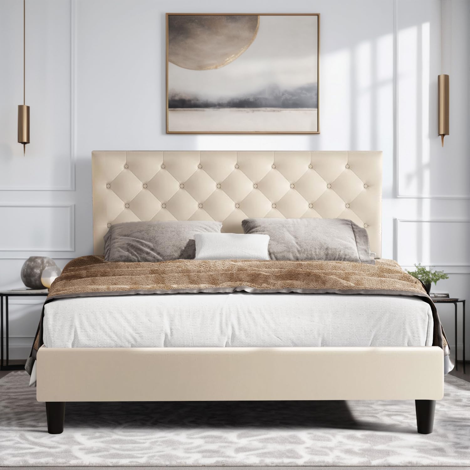 Queen Size Bed Frame with Upholstered Headboard