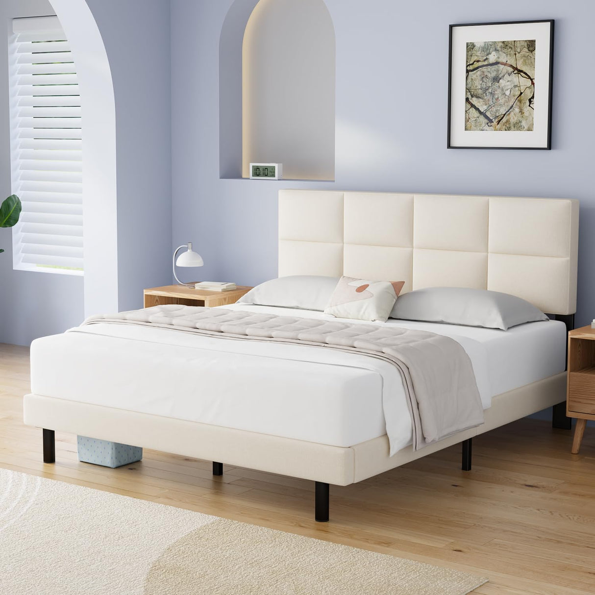 Upholstered Headboard, Strong Frame, and Wooden Slats